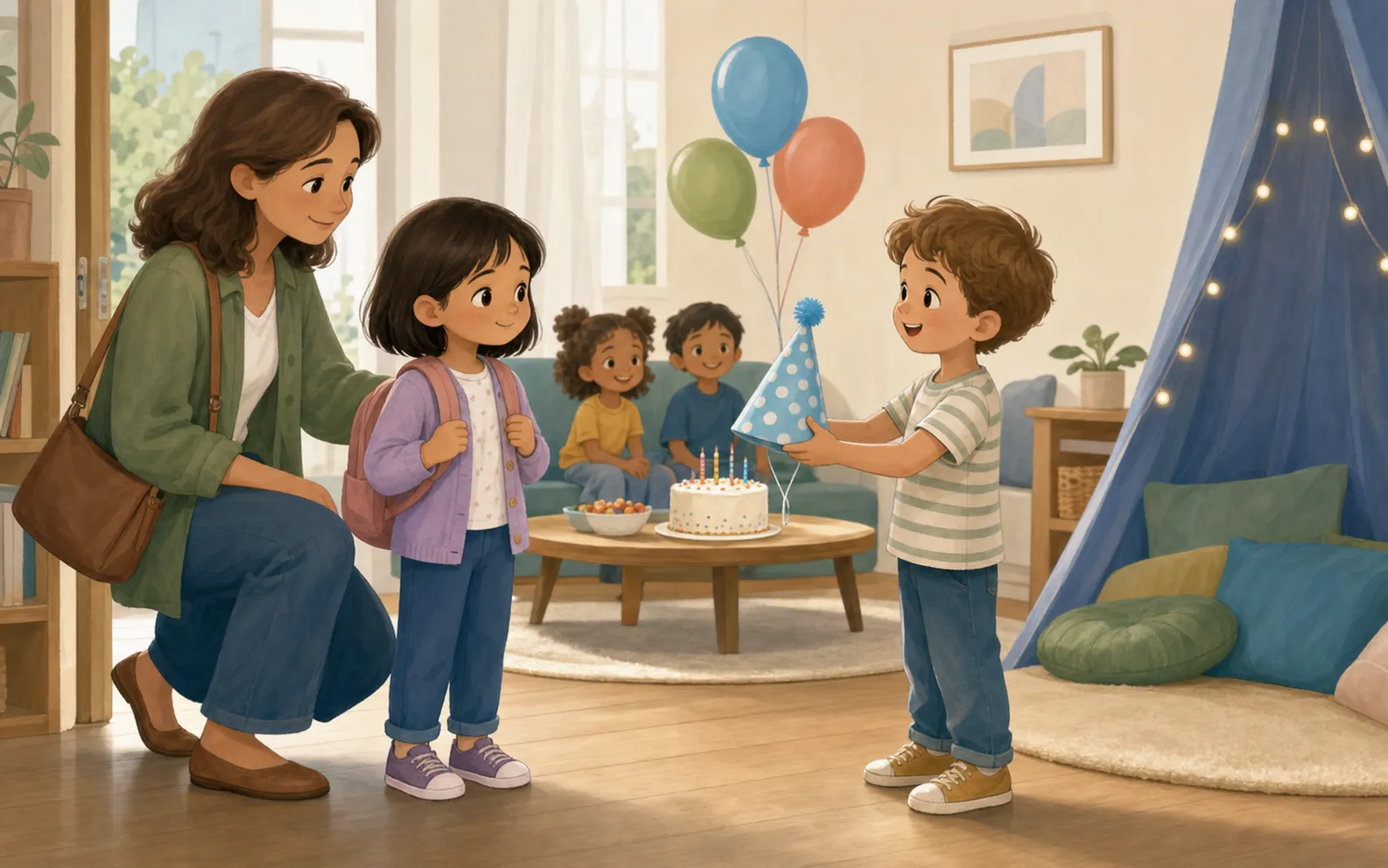 A child arriving at a small birthday gathering with a trusted adult, cake, balloons and a quiet corner