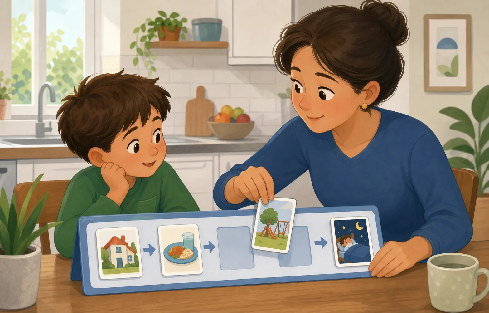 A child and trusted adult moving a picture card in a visual routine board at home