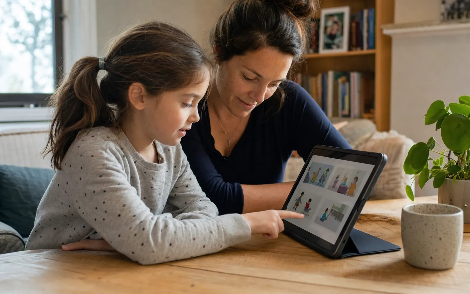 A child and trusted adult looking at a personalised story together on a tablet