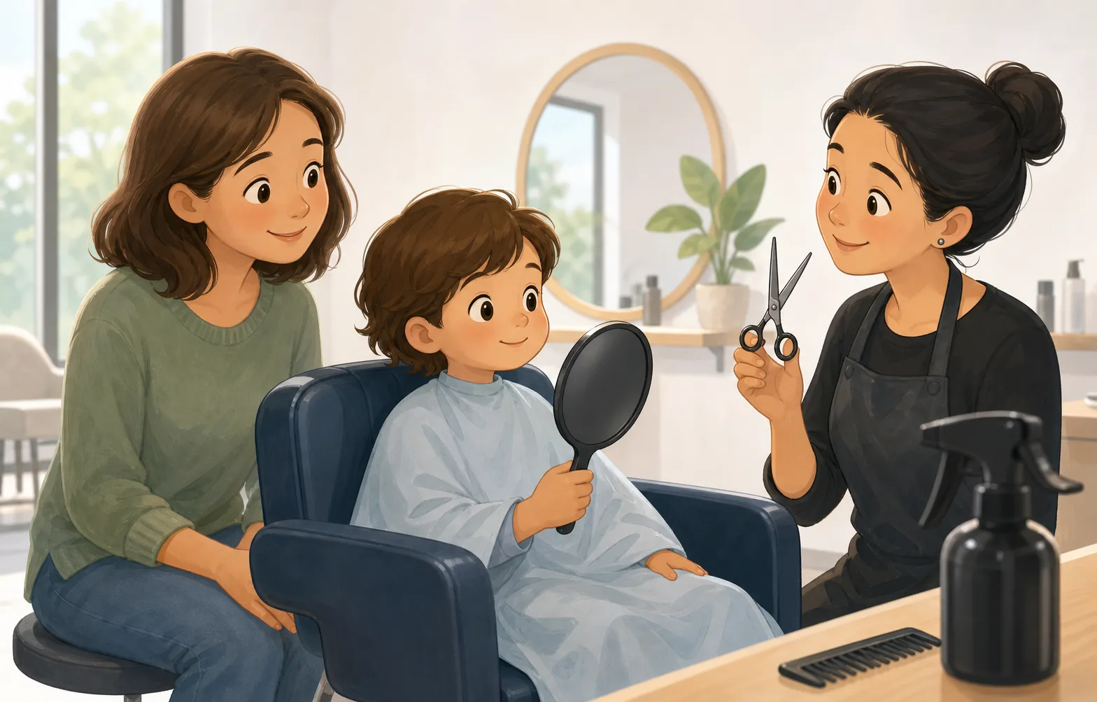 A child with a trusted adult meeting a friendly hairdresser and looking at scissors before a haircut