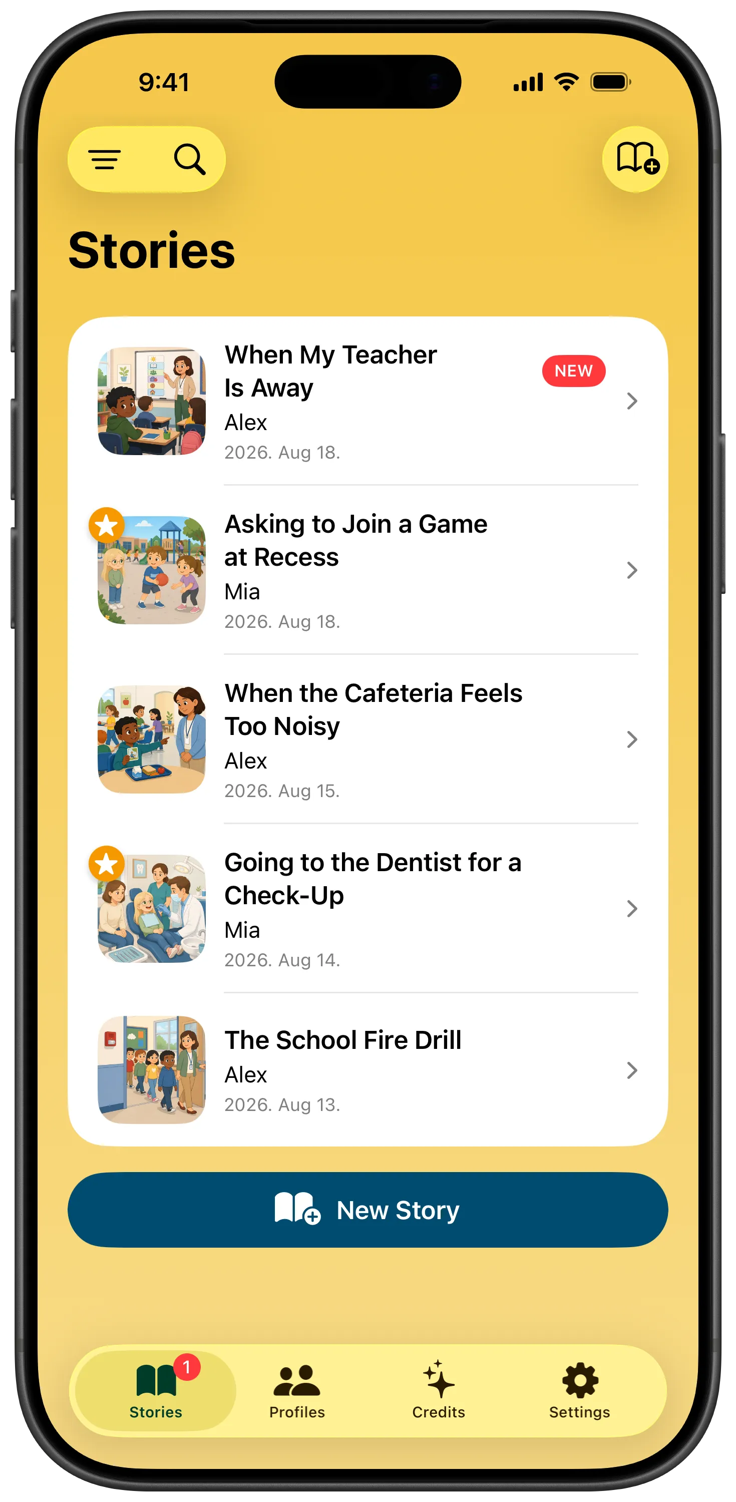 Social Narratives app showing personalized social stories on iPhone
