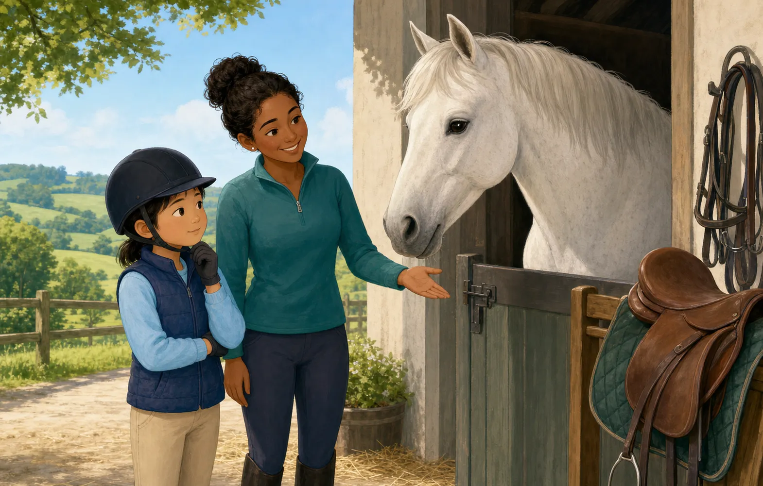 A child in a riding helmet meeting a calm white horse beside a stable, with a supportive instructor nearby