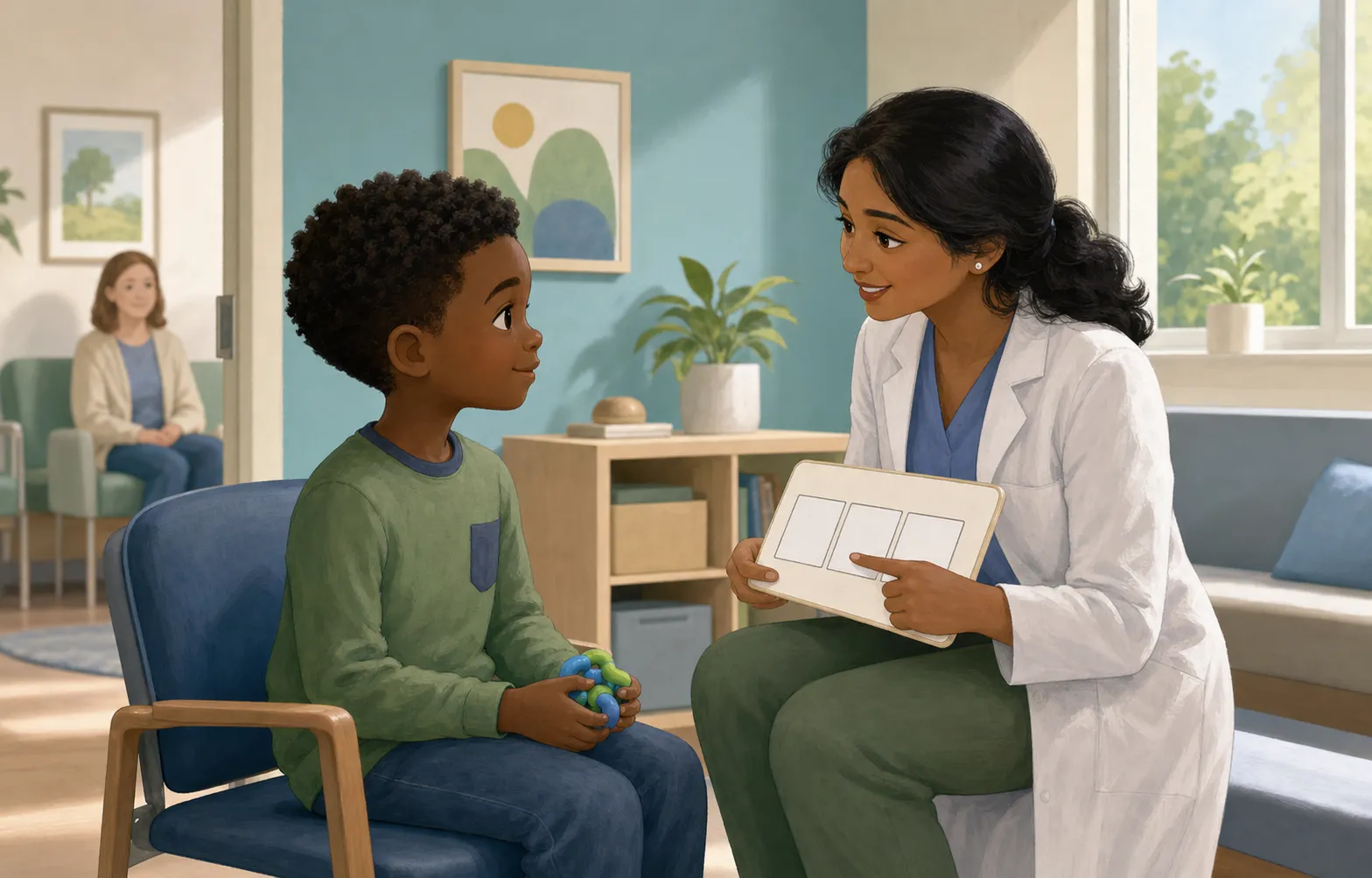 A child and trusted adult meeting a doctor in a calm clinic room before an appointment
