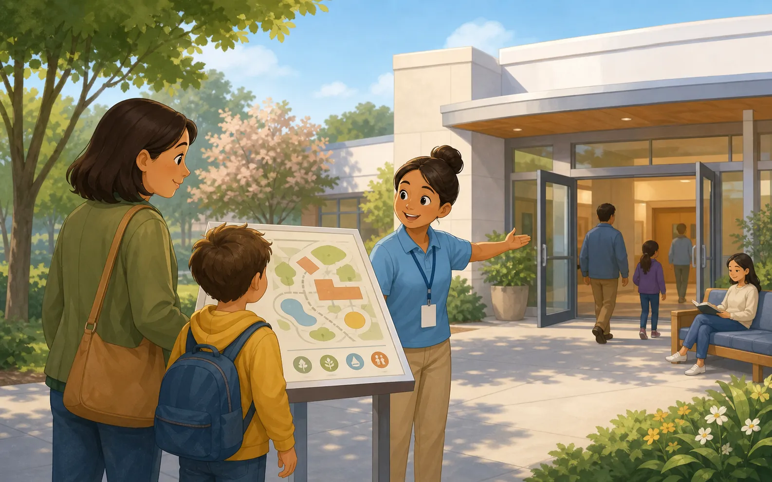 A child and trusted adult looking at a visual map with a helpful venue guide outside a new event