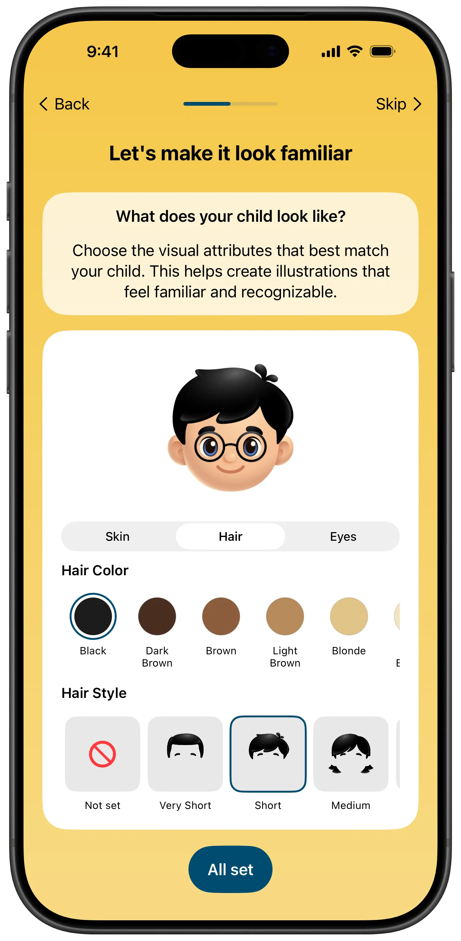 Social Narratives personalization screen for choosing a child’s visual attributes