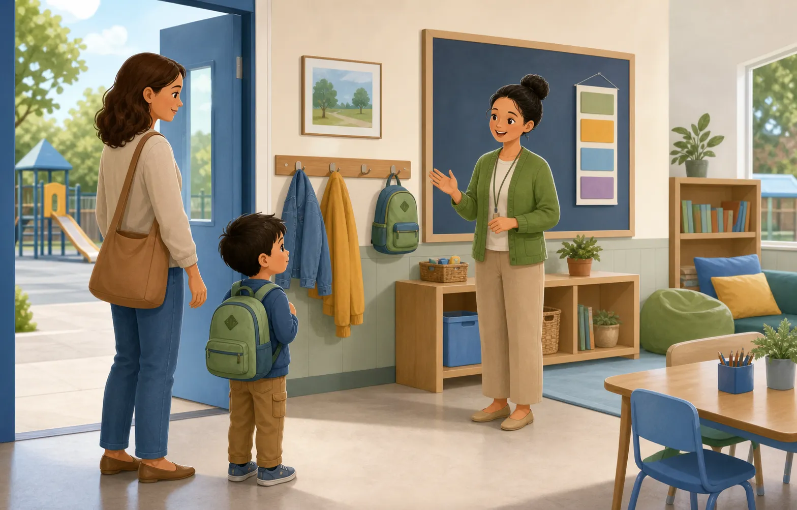 A child with a backpack arriving in a welcoming classroom with a trusted adult and teacher