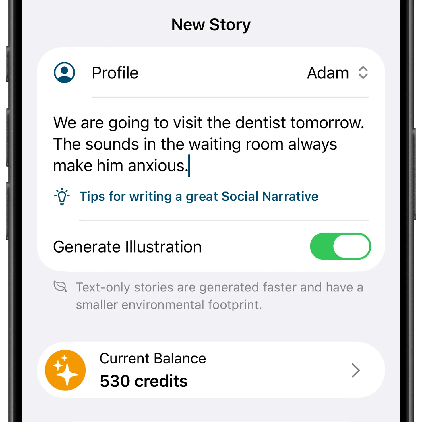 Writing a new story in the Social Narratives app