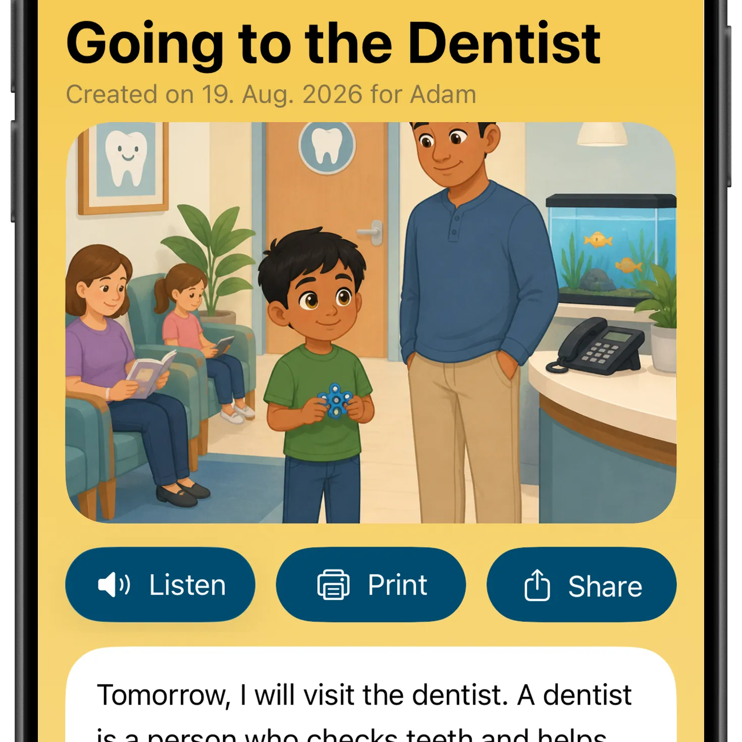 Reading a personalized dentist story in the Social Narratives app