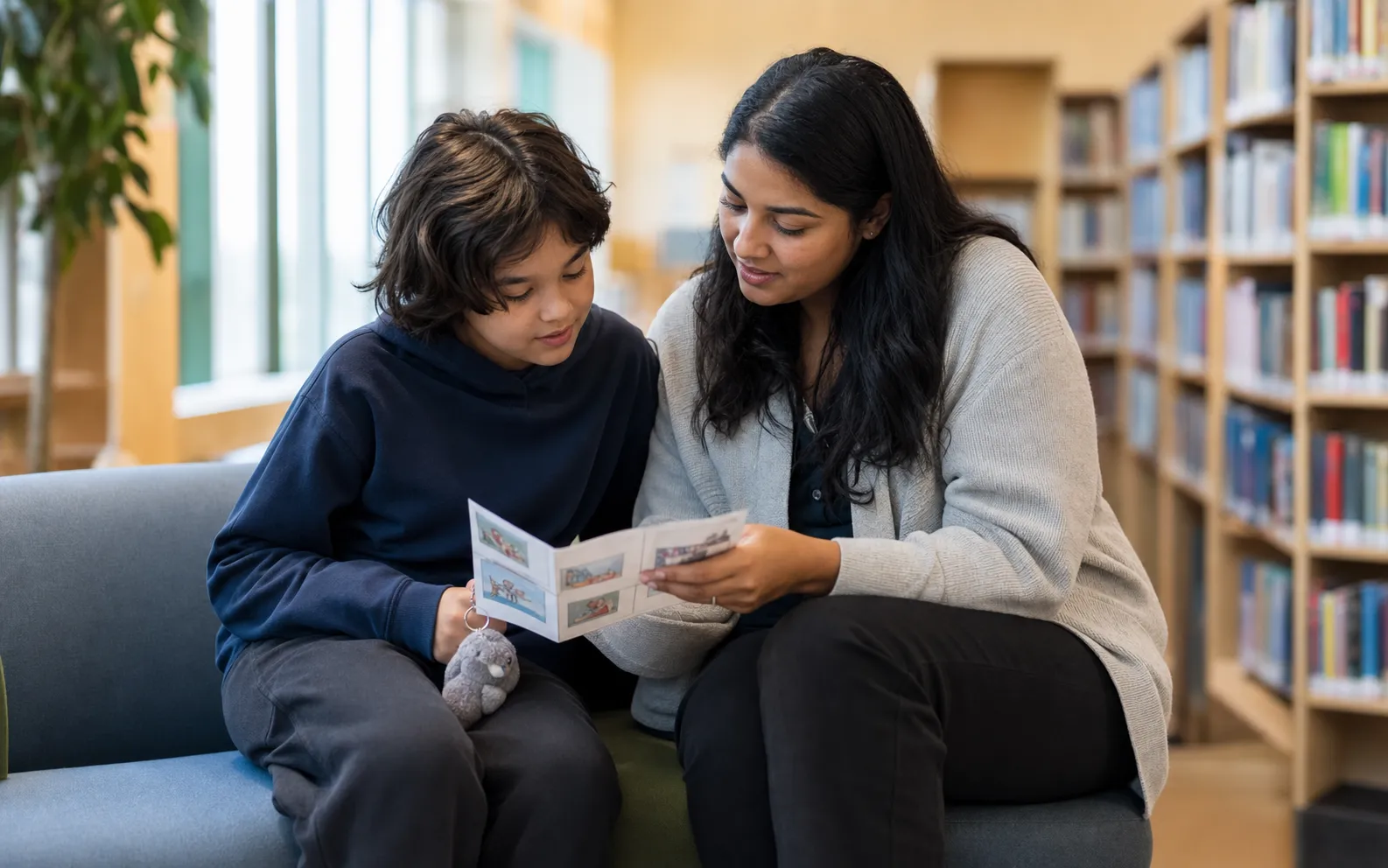 A child and trusted school adult looking at a visual plan in a calm library