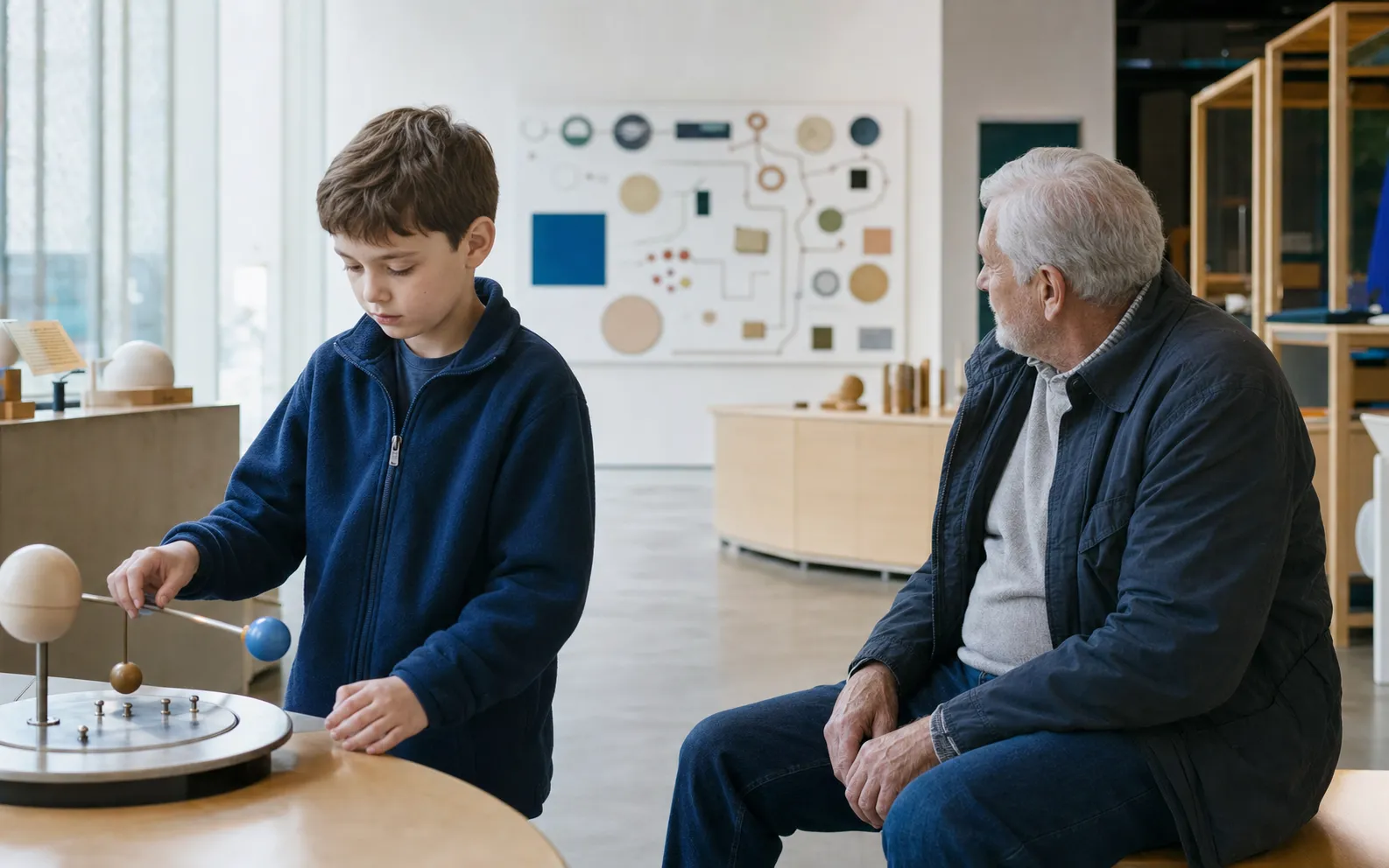 A child exploring a hands-on science exhibit while their grandfather sits nearby