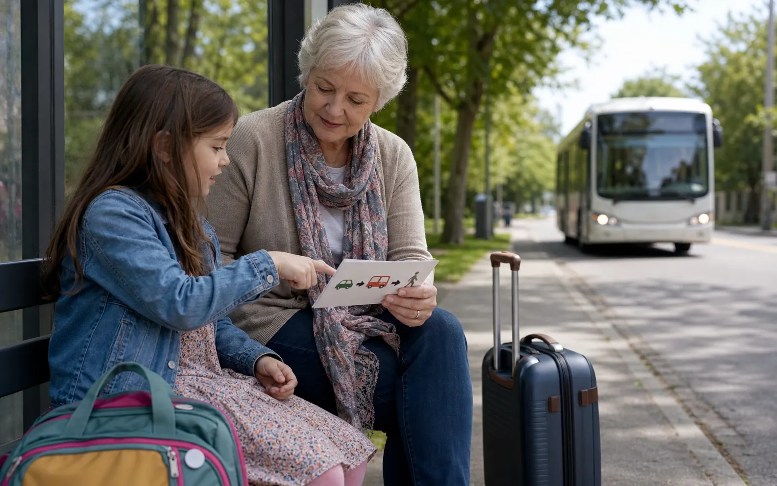A child and grandmother looking at a visual journey plan beside a bus stop