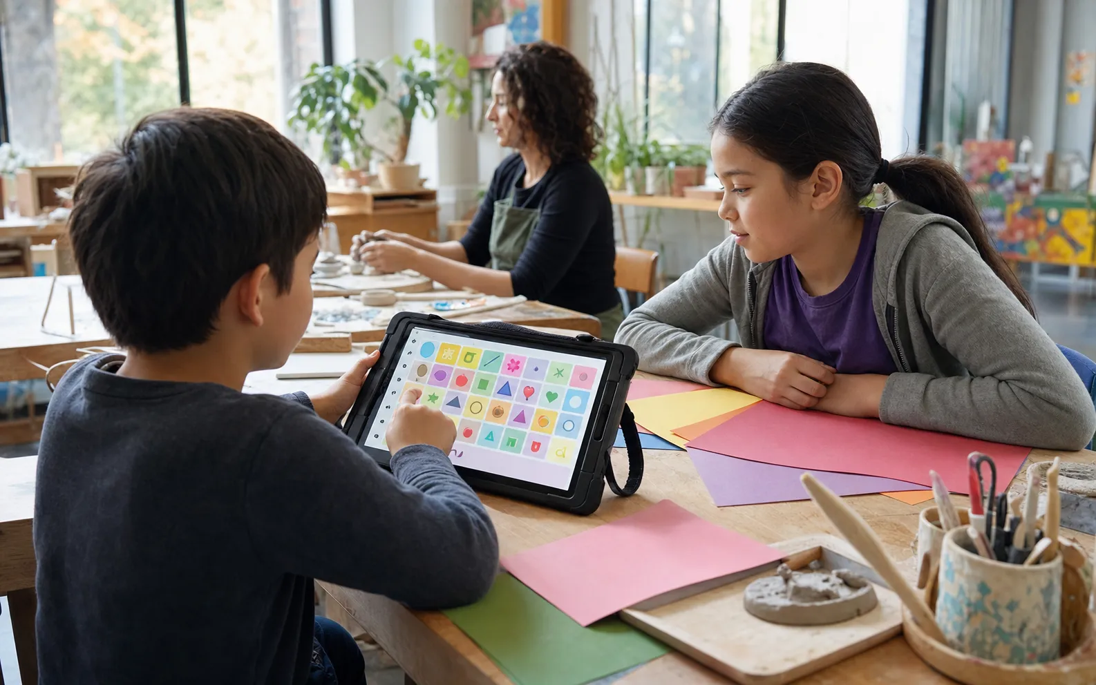 A child using an AAC device with a peer during a community art activity