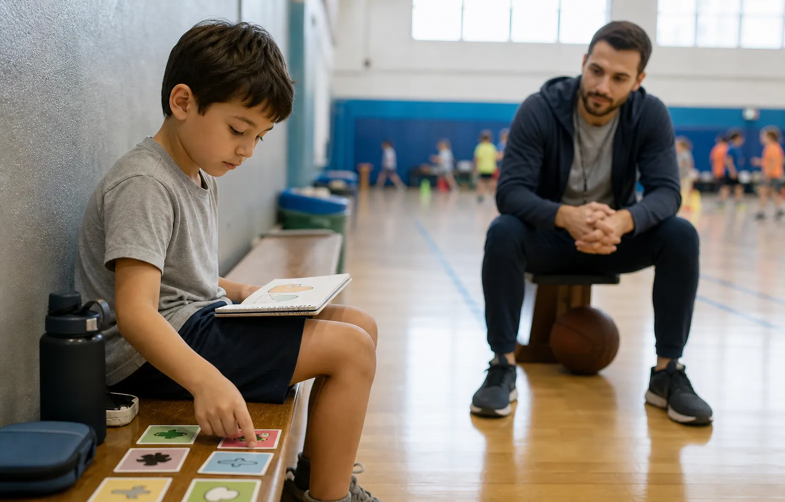 A child using a quiet corner of a school gym with a supportive coach nearby