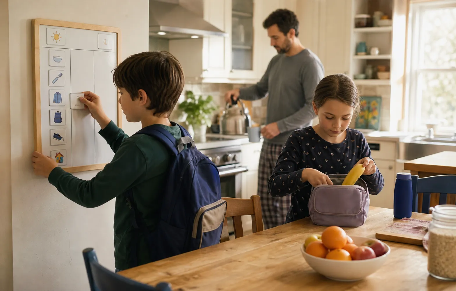 Siblings preparing for school with a picture-based morning routine board