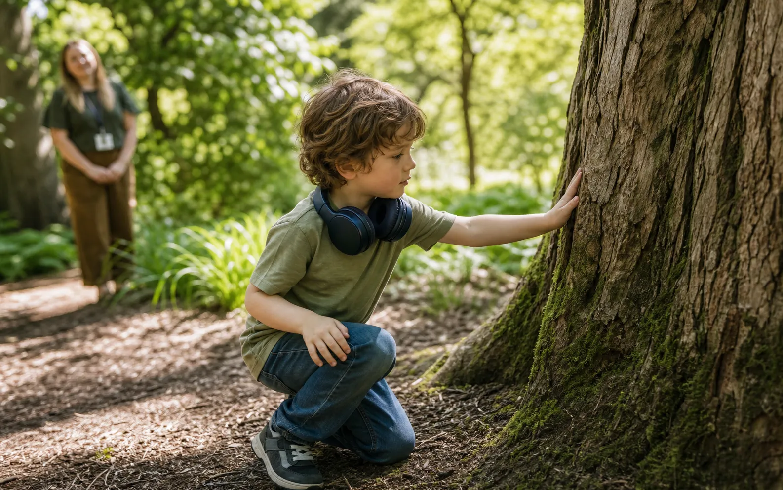 A child exploring the texture of tree bark in a quiet garden