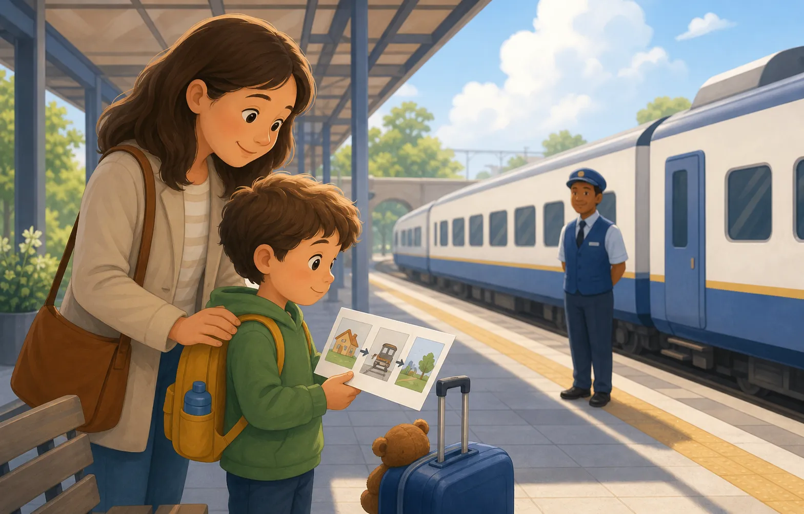 A child and trusted adult at a train station looking at a visual journey card before travelling